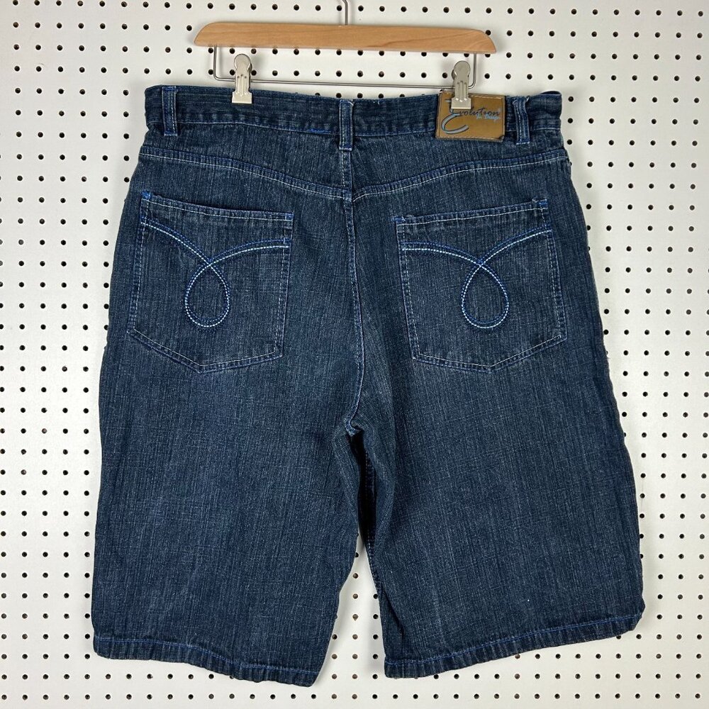 Evolution in Design Embroidered Baggy Jean Shorts Sz 40 Jorts Wide Leg Skate Y2K
